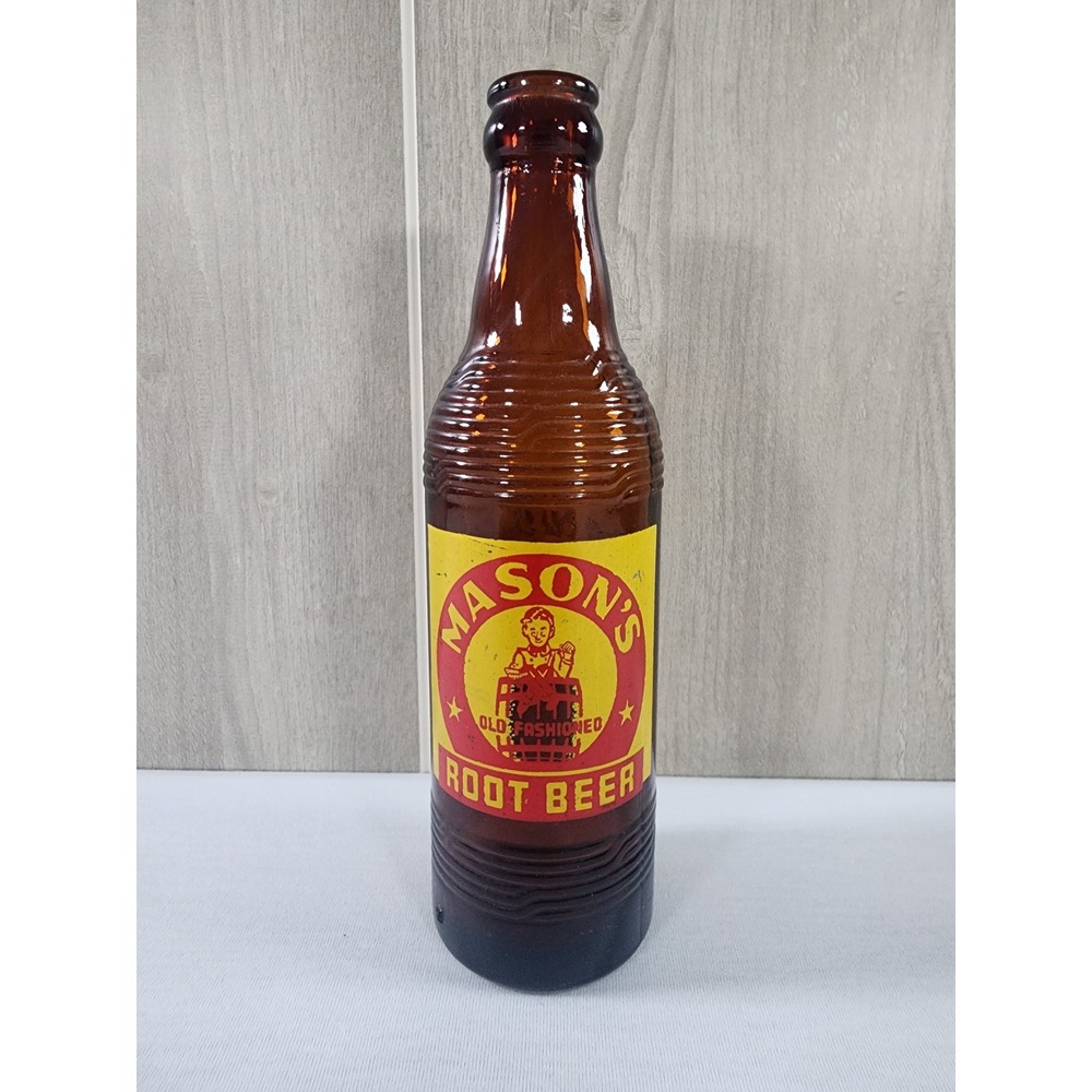 Vintage Mason's Root Beer Soda Bottle 10oz Amber ACL Label Chicago Empty